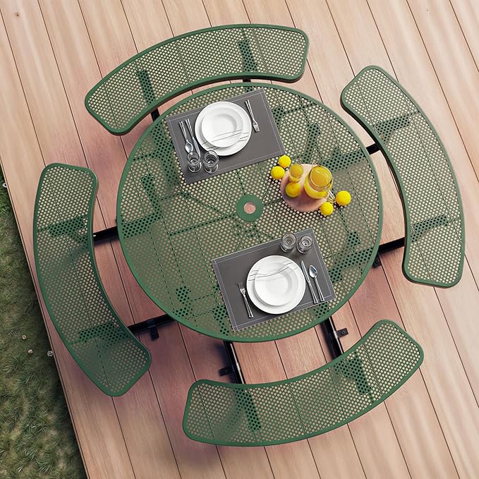 Metal Picnic Tables for Outdoors with Umbrella Hole - Coated Steel Heavy Duty Commercial Grade Table with Adjustable Seats (Green, 46 in, Round, Punched Steel)