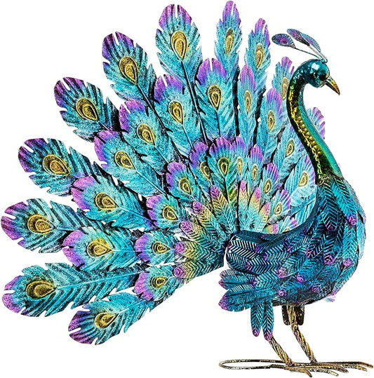 Alpine Corporation - 23" Tall Outdoor Metallic Peacock Tail Spread Yard Statue – Vibrant Garden Sculpture for Patio, Lawn, or Entryway (Multicolor)