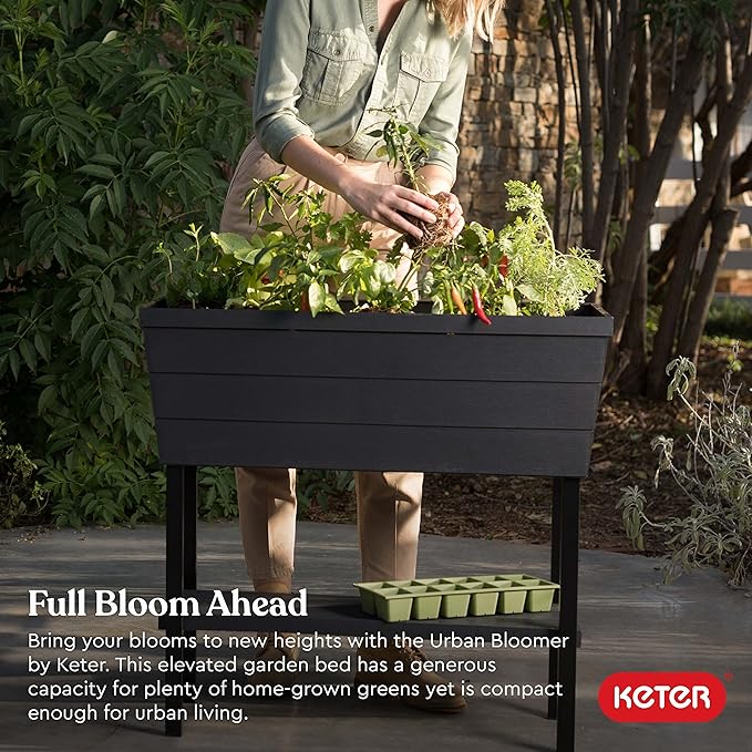 Keter Urban Bloomer 12.7 Gallon Raised Garden Bed and Outdoor Herb Garden Planter with Self Watering Gauge and Drainage Plug, Dark Grey