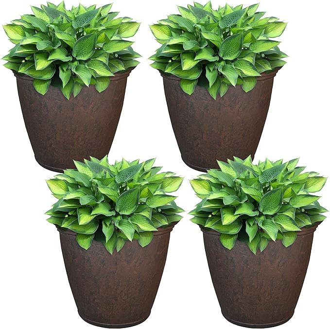 Sunnydaze 15.25-Inch Anjelica Large Plastic Pot for Plants - Outdoor Polyresin Round Planter with Drillable Drainage Holes - Rust - 4pk