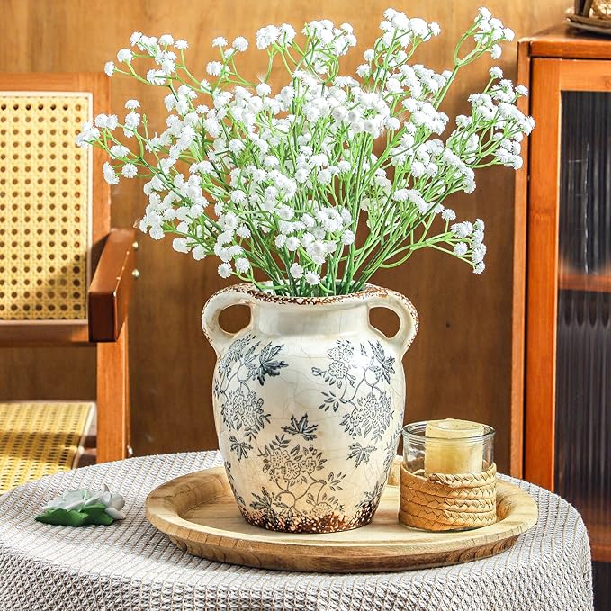 Enra Vintage vase with Handle,Blue and White Ceramic Decorative Flower vase, Chinoiserie Floral Vase,Large Rustic Vases for Home Decors, Living Room, Bookshelf, Office,7.8 in