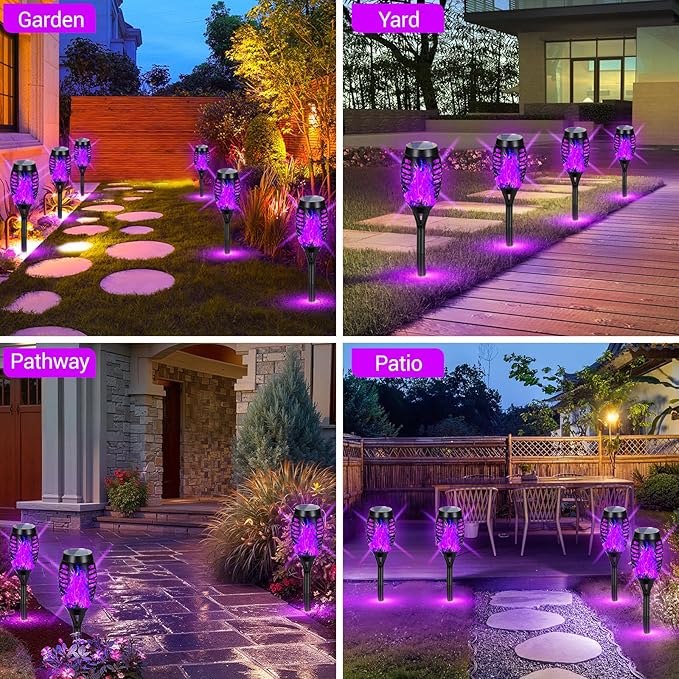 4 Pack Solar Torch Lights Outdoor Waterproof - Purple Flickering Flame, Outdoor Solar Garden Lights for Yard, Tiki Torches for Outside Patio Pathway Decorations