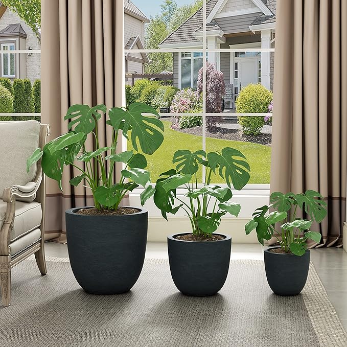 Kante 18",14",10" Dia Concrete Round Planters (Set of 3), Outdoor Indoor Large Planter Pots with Drainage Hole and Rubber Plug for Home Patio Garden, Dark Gray