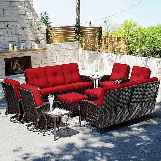 Joyside 10 Piece Patio Furniture Set, Outdoor Wicker Conversation Sets with Swivel Rocker Chairs and Sofa, Thick Cushion, Rattan Patio Sectional for Porch, Deck Use (Brown/Red, 10 PCS)