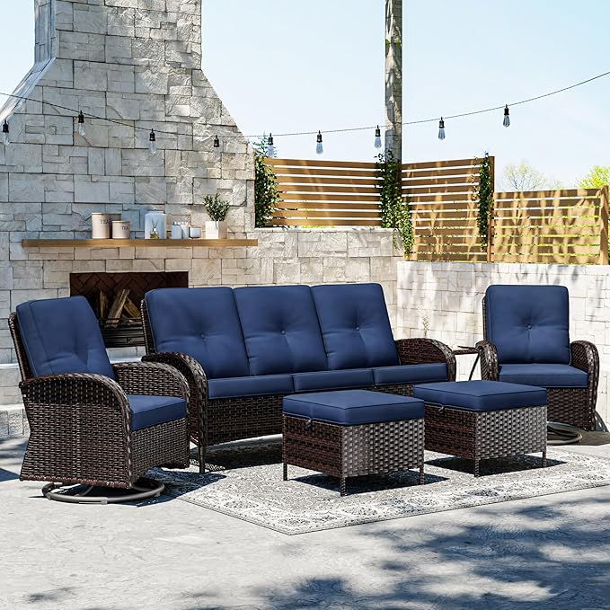 Joyside 6 Piece Patio Furniture Set, Outdoor Wicker Conversation Sets with Swivel Rocker Chairs and Sofa, Thick Cushion, Rattan Patio Sectional for Porch, Deck Use (Brown/Blue, 6 PCS)
