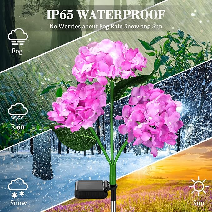 Treela 4 Pack Solar Lights Flowers Outdoor Waterproof Hydrangea Garden Stake Lights Realistic LED Flowers Powered Decorative Ground Solar Flower for Lawn Yard Backyard Decoration Gift(Blue, Purple)