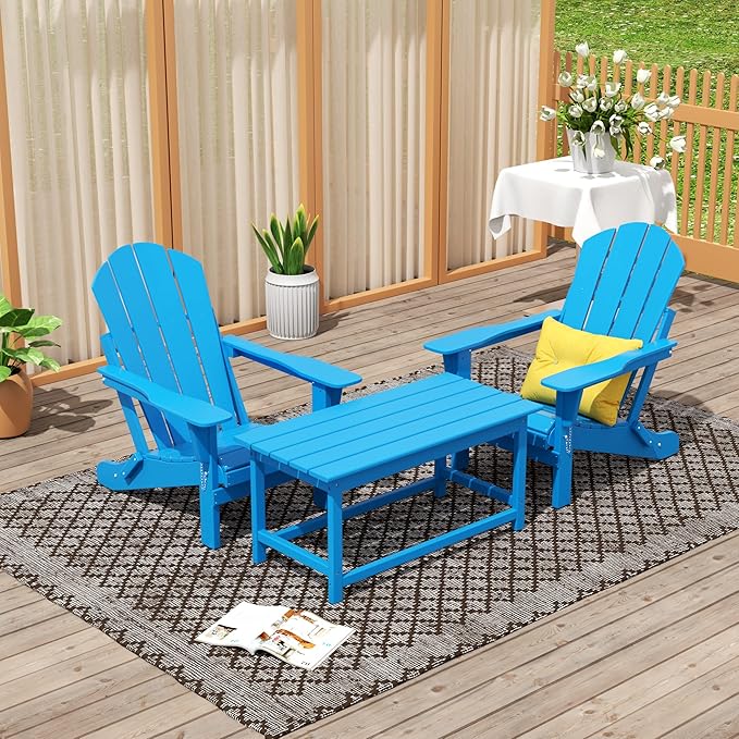 WO Home Furniture Adirondack Chairs Table Set of 3 PCS Outdoor Folding Chairs Coffee Table Weather/UV Resistant for Lawn, Garden, Bon Fire, Balcony (Pacific Blue)
