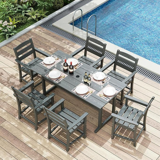 7pcs Outdoor Dining Set, HDPE Patio Dining Set for 6, All-Weather Outdoor Table and Chairs with Umbrella Hole & Adjustable Pads, Modern Patio Furniture Set for Backyard, Poolside &Lawn (Grey)