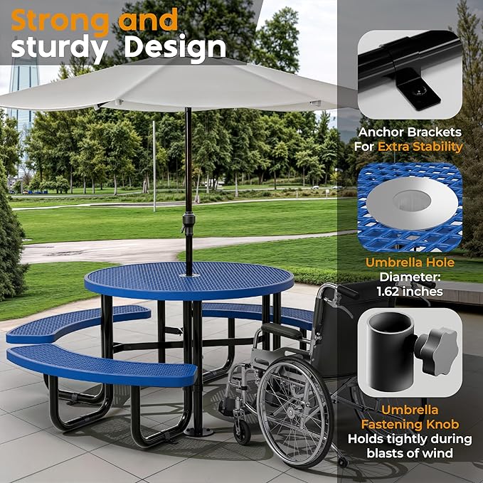 Metal Picnic Tables for Outdoors with Umbrella Hole - Coated Steel Heavy Duty Commercial Grade Table with Adjustable Seats (Blue, 46 in, Round, Expanded Steel)
