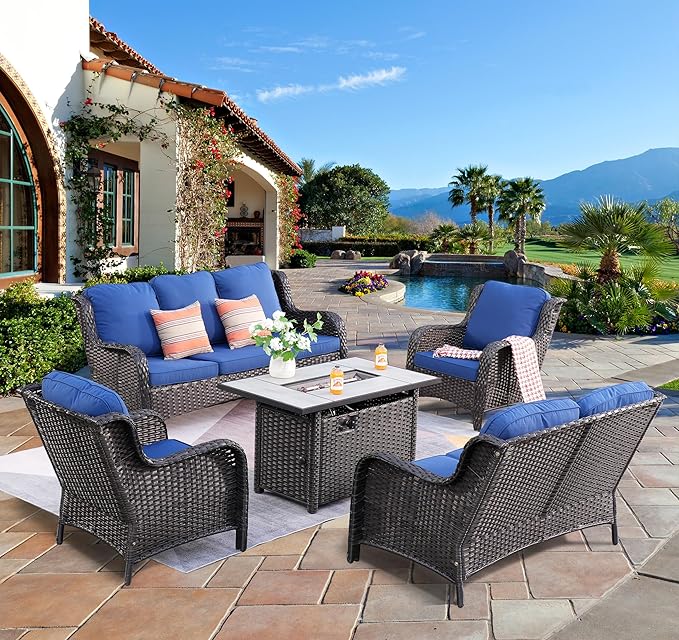 ovios 5 Pieces Patio Furniture Set with 42" Fire Pit Table, Outdoor Wicker Sofa with Loveseat, Comfy Cushions, High Back Couch Conversation Set, Brown Rattan, Navy Blue