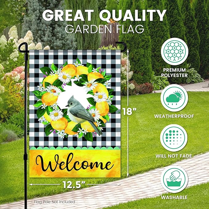 Welcome Garden Flag - 12.5 x 18 Inch Double-Sided Spring Garden Flag - Printed Wreath in Plaid Background Seasonal Outdoor Banner for House Front Yard, Porch, Patio - Suits Standard Poles