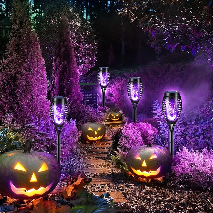 Toodour Solar Torch Flame Lights, 12 Pack Outdoor Flickering Flame Waterproof Pathway Lights Landscape Decoration for Garden, Lawn, Yard - Purple