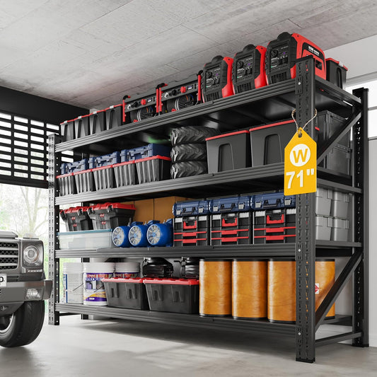 5000LBS Metal Steel Storage Shelves - 71.3" W Black 4 Tier Heavy Duty Rack Commercial Industrial Shelving with Adjustable Shelf for Basement Garage Warehouse - 71.3" W x 24" D x 70" H
