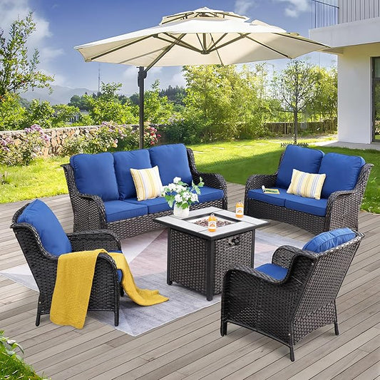 ovios 5 Pieces Patio Furniture Set with 30" Fire Pit Table, Outdoor Wicker Sofa with Loveseat, Comfy Cushions, High Back Couch Conversation Set, Brown Rattan, Navy Blue