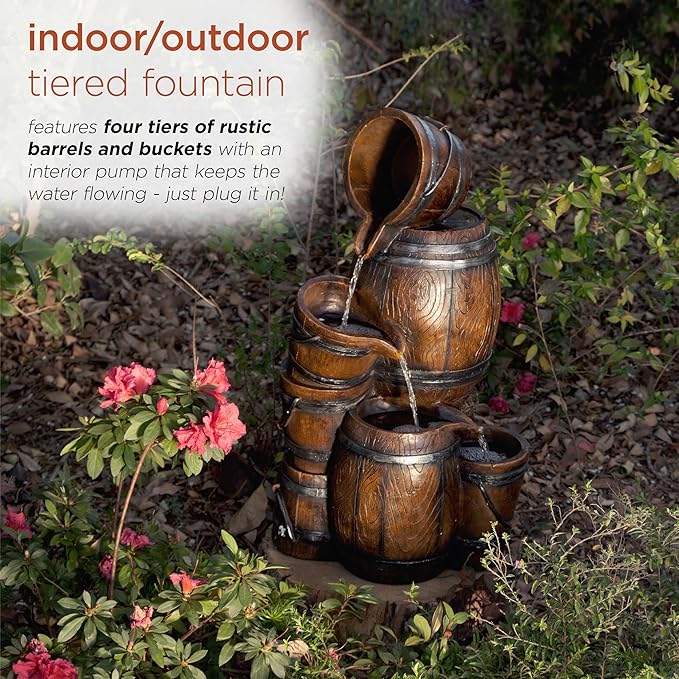 Alpine Corporation ZEN409S 24" Indoor/Outdoor Floor Tiered Barrels and Buckets Fountain, Rustic 4-Tier – Water Feature for Garden, Patio, and Home Décor, Brown
