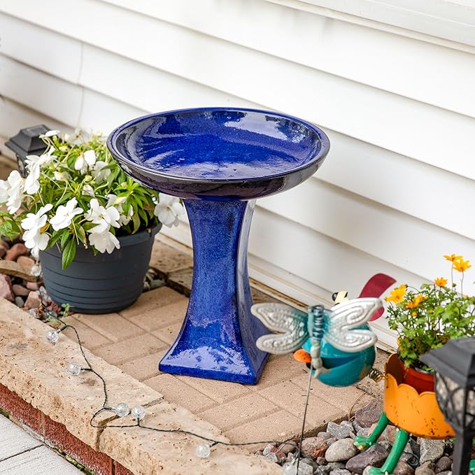 Sunnydaze Ceramic Bird Bath for Outside - 16" H - UV- and Frost-Resistant - Pedestal Bird Bath - Blue Glazed Bowl - Blue Glaze Finish
