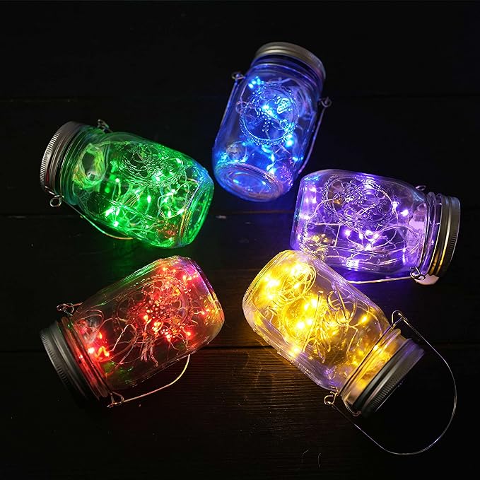 Solar Mason Jar Lid Lights, 10 Pack 30 LED Waterproof Firefly Fairy Lights with Hangers(No Jars), Outdoor Starry String Lights for Patio Yard Garden Wedding Lantern Decor (Mixed Color)