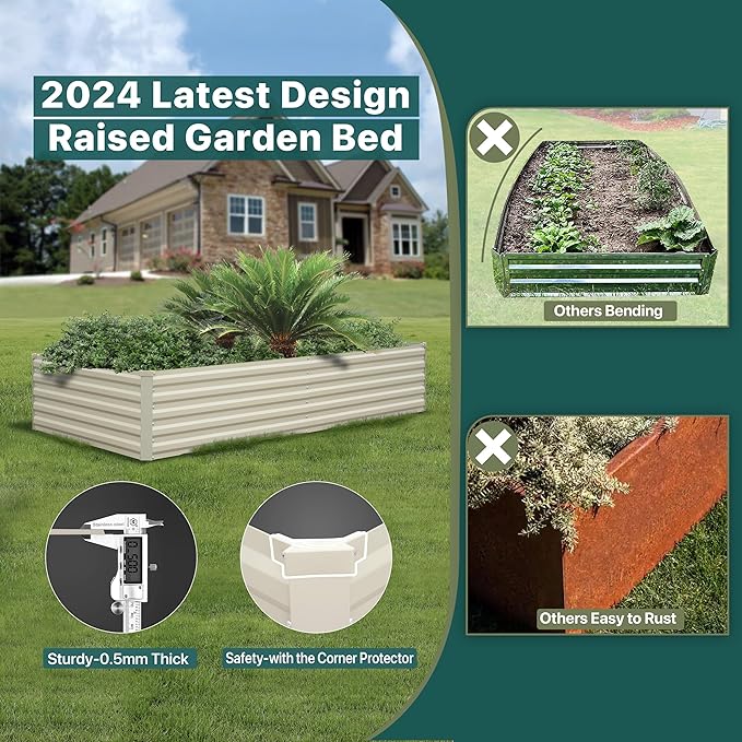 Raised Garden Bed 8×4×1.5FT, Galvanized Raised Garden Beds Outdoor for Vegetables Flowers Herbs, Large Deep Root Planter Box, Tall Raised Garden Bed with 3ftx30ft Weed Barrier Fabric, Beige