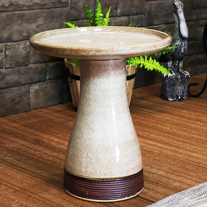 Sunnydaze 21" H Ceramic Bird Bath for Outside - Hand-Painted Outdoor Bird Bath Bowl, UV/Frost-Resistant Finish - Yam - Ribbed Pedestal