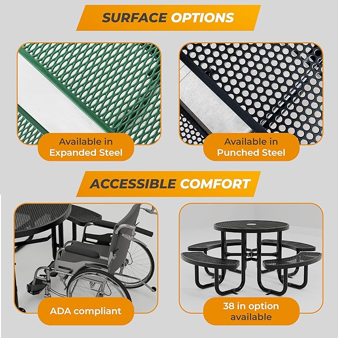 Metal Picnic Tables for Outdoors with Umbrella Hole - Coated Steel Heavy Duty Commercial Grade Table with Adjustable Seats (Black, 46 in, Round, Punched Steel)