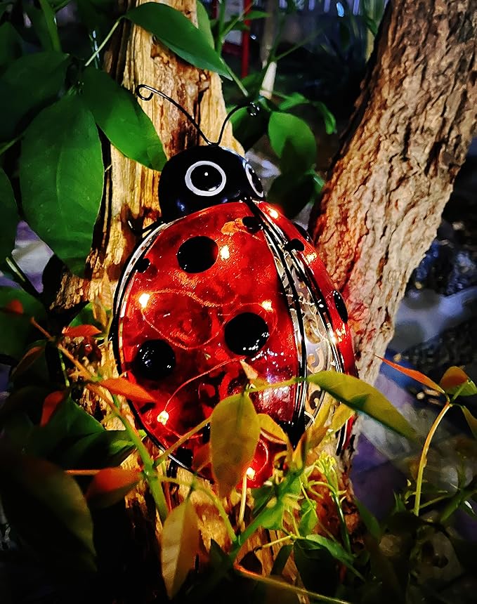 Solar Ladybug Outdoor Garden Statue,Hanging Waterproof LED Solar Lights Outdoor Decor,Metal Ladybug Ornament,Lantern Indoor Figurines for Patio Garden Table Decor for Ourdoor