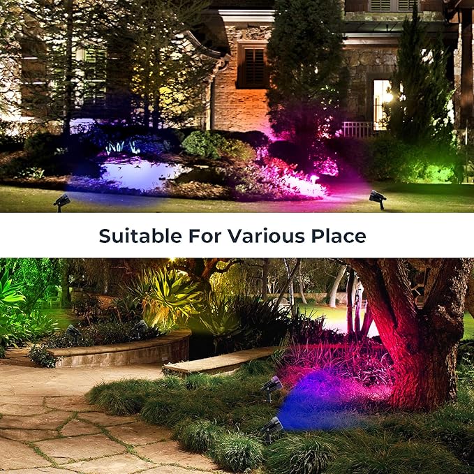 Yard Spot Lights, 10W Colored Spotlights Waterproof Memory Dimmable Remote Control with Timer Spiked Stand for Outdoor Landscape Lawn Garden Porch Pathway, 2 in Set