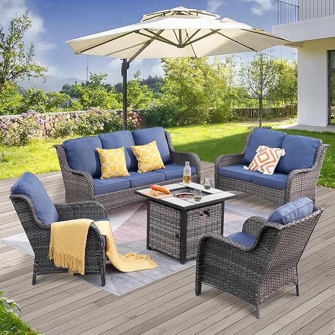 ovios 5 Pieces Patio Furniture Set with 30" Fire Pit Table, Outdoor Wicker Sofa with Loveseat, Comfy Cushions, High Back Couch Conversation Set, Grey Rattan, Denim Blue