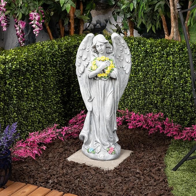 Alpine Corporation MCC832 Angel with Yellow Flower Wreath Statue, Meaningful Décor for Garden, Patio, & Lawn, 29" H, Multicolor