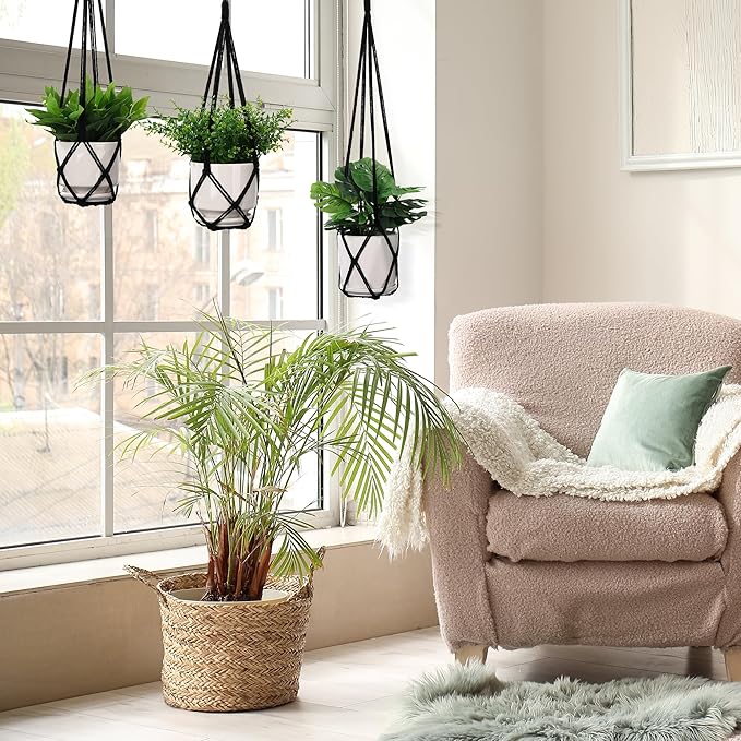 YIBOT 3 Pack Macrame Plant Hanger Indoor Hanging Planters for Indoor Outdoor Hanging Plant Holder with 3 x S Hooks for Garden Home Boho Decor 35"/29"/23" Black
