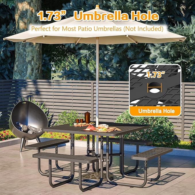 79'' Steel Square Picnic Table for Outdoors, Expanded, Lifetime Picnic Table with Umbrella Hole, Heavy Duty Sturdy Commercial Picnic Tables for Garden Courtyard BBQ, Black