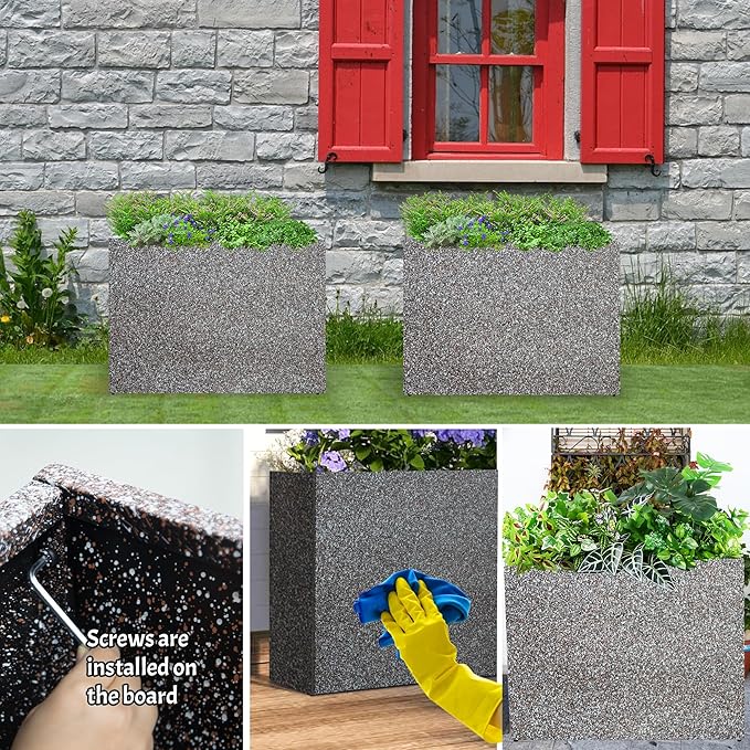 Metal Planter Box Rectangular Planter, 35.5" Lx 10" Wx 28" H Terrazzo Pink Large Planters with Drainage Holes, Galvanized Steel Tall Planters for Patio/Porch