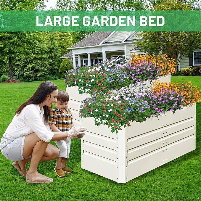 SnugNiture 2 Pcs 4x2x2FT Raised Garden Bed Galvanized Planter Garden Boxes Outdoor, Deep Root Planter Raised Bed for Vegetables Flowers Herbs,Beige White
