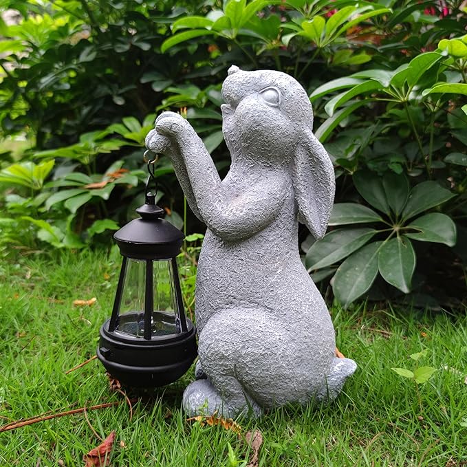 Rabbit Solar Garden Outdoor Statues,Resin Rabbit Figurine Decorations with Solar Lights Lantern, Outdoor Rabbit Art Decor for Lawn,Yard, Unique Housewarming Gift for Garden Home