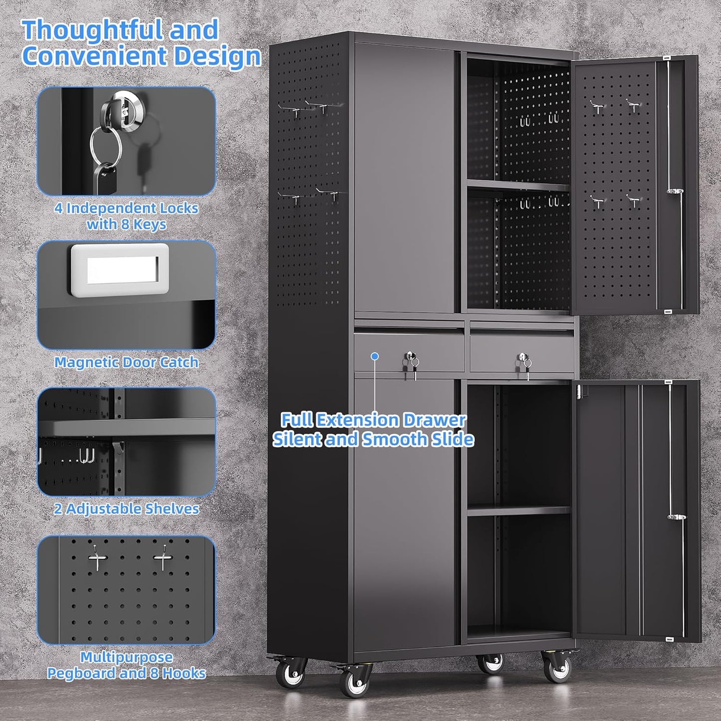 71''H Metal Garage Storage Cabinet with Wheels & 4 Pegboard,Rolling Tool Cabinet with Adjustable Shelves & 2 Lockable Drawer for Garage,Office,Home, Assembly Required,Black