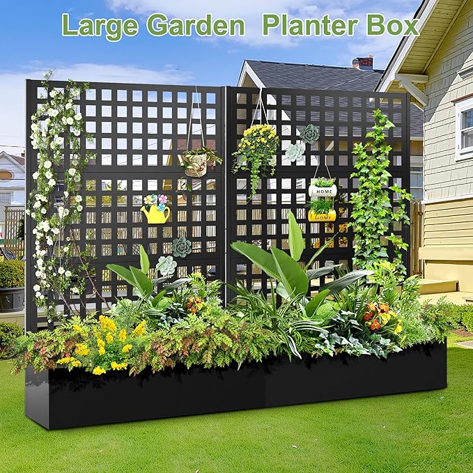 Metal Raised Garden Bed, Trellis Planters Bed with Drainage Holes for Climbing Plants, Vegetables Outdoor Privacy Screen with Planter Box 73"x47"x16", Black