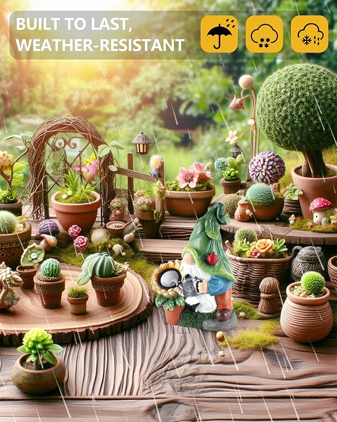 Solar-Powered Garden Gnome Watering Can Sunflower - 12 in Garden Decor Gnomes Decorations for Yard Lawn Ornaments Outside Statue Figurine LED Lights (Gnome)