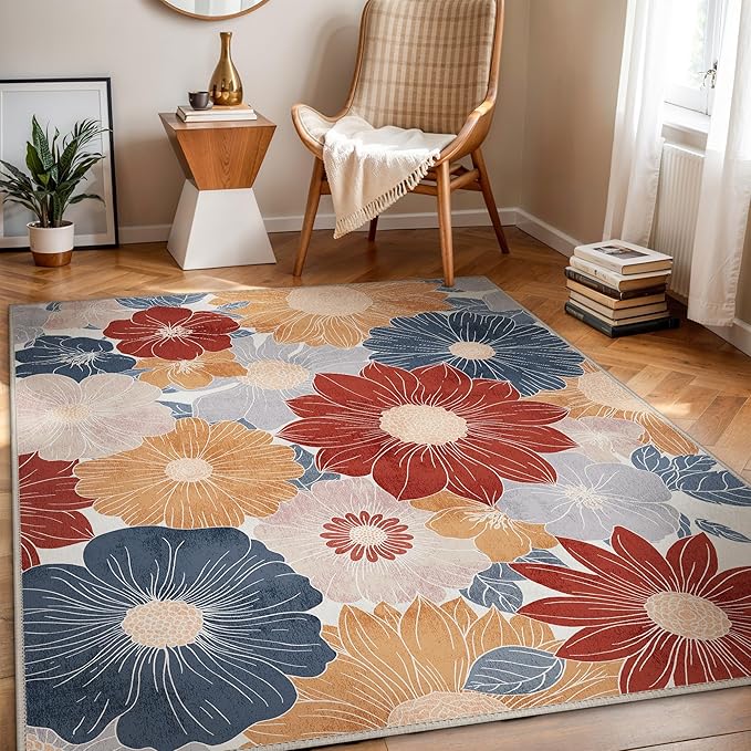 GENIMO Indoor Outdoor Area Rug 6' X 9' Waterproof, Washable Patio Rug Non Shedding, Easy Cleaning Floral Outdoor Carpet for Living Room, Bedroom, Dining Room, Balcony, Backyard, Deck, RV, Red Blue