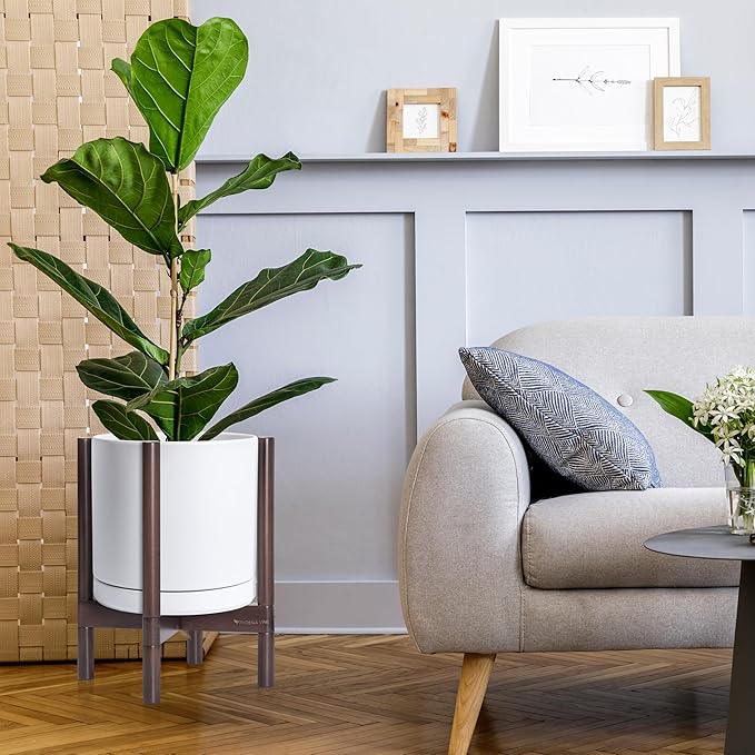 D'vine Dev Ceramic Planter with Walnut Color Stand - 12 Inch Modern Round Flower Pot with Wood Planter Holder, White, 55-B-W-1