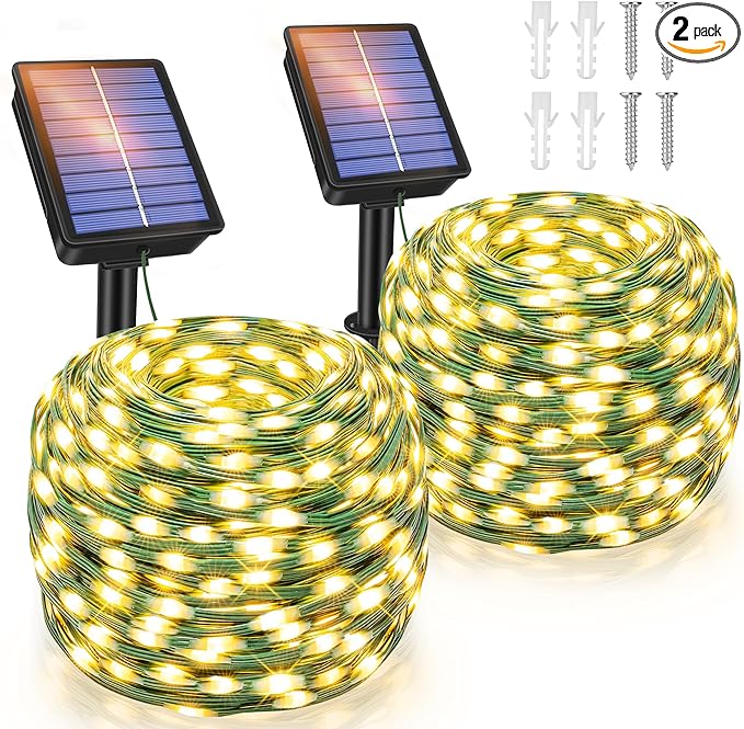Ollny Solar String Lights Outdoor, 2 Pack Total 198FT 600LED Solar Fairy Lights, 8 Modes IP67 Waterproof for Outside Yard Garden Patio Xmas Party, Warm White