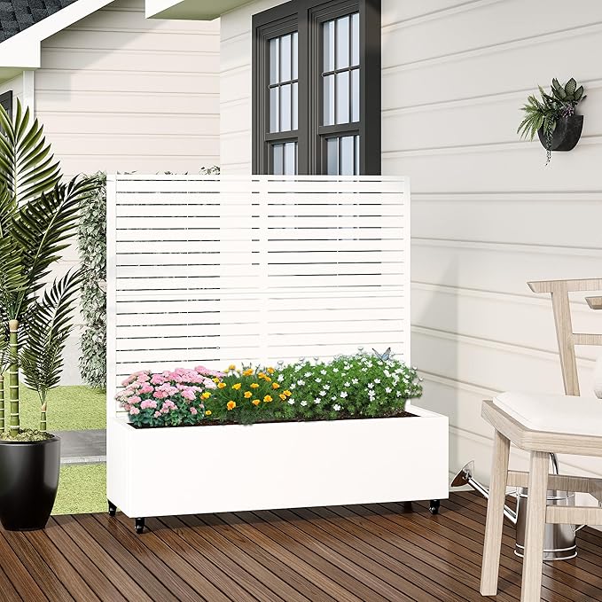 Casaphoria Metal Raised Garden Bed with Trellis and Wheels, 47"x47"x16" Planter Box for Climbing Plants, Vegetables & Vines, Features Drainage Holes and Privacy Screen (White-Louvered)