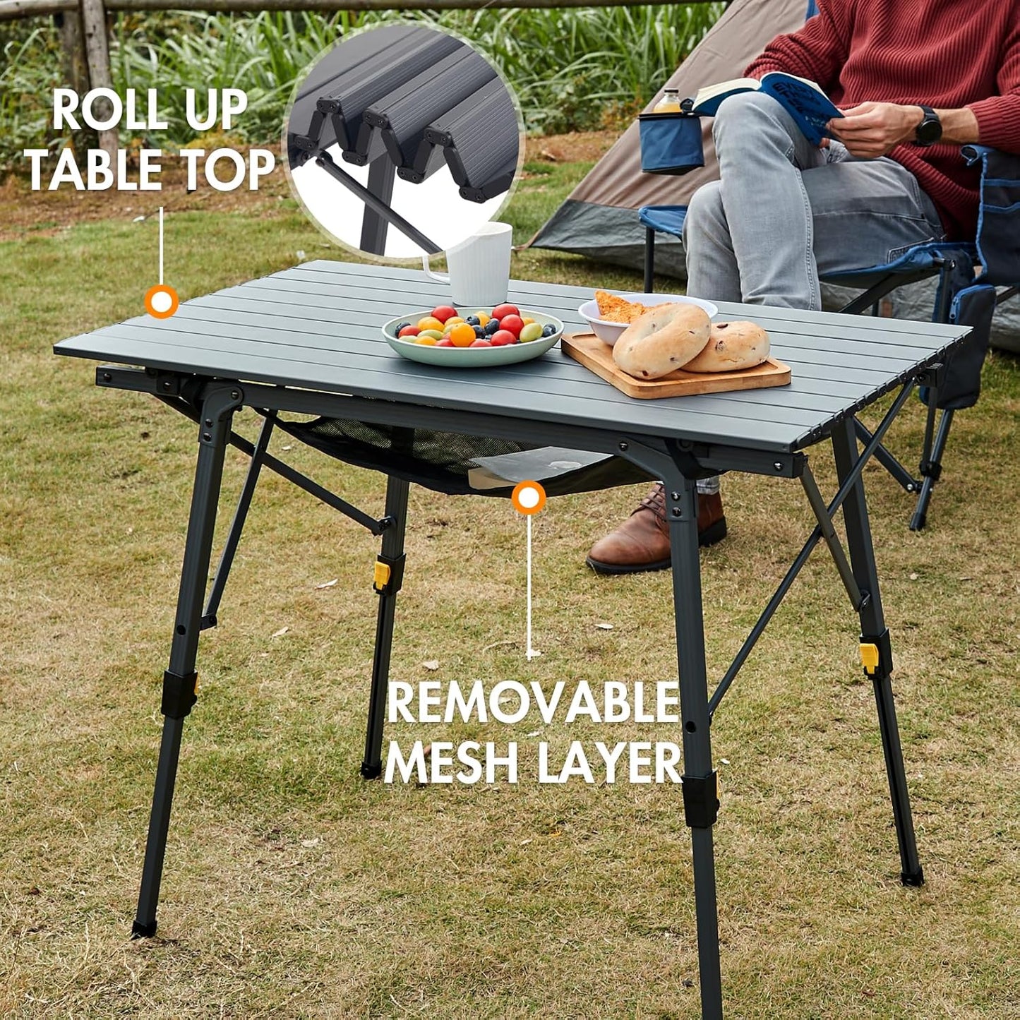 PORTAL Outdoor Folding Portable Picnic Camping Table with Adjustable Height Aluminum Roll Up Table Top Mesh Layer, Dark Gray