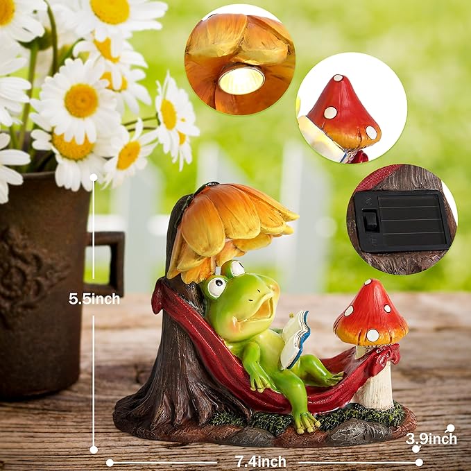 Leekung Solar Frog Garden Decor,Frog Statue with Solar Light for Outdoor Decorations,Reading Frog Figurine Garden Statues for Outside,Patio, Balcony, Yard, Lawn,Spring Decor Gifts for Women