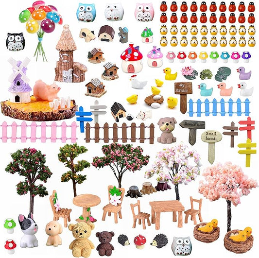 132pcs Fairy Garden Accessories Kit Miniature Animals,Tree,Fence,House Figurines Ornament Statue Craft for DIY Garden Micro Landscape Bonsai Dollhouse Decoration