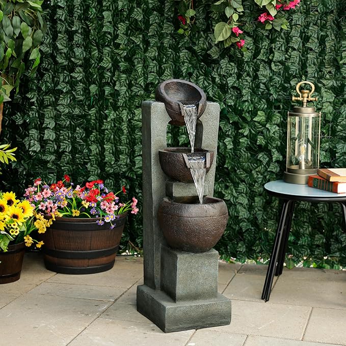 Alpine Corporation TZL400 34" 3 Tier Basin Cascading Fountain with LED Lights, Elegant Outdoor Water Feature for Garden, Patio, Yard & Outdoor Spaces, Relaxing Waterfall Fountain, Gray