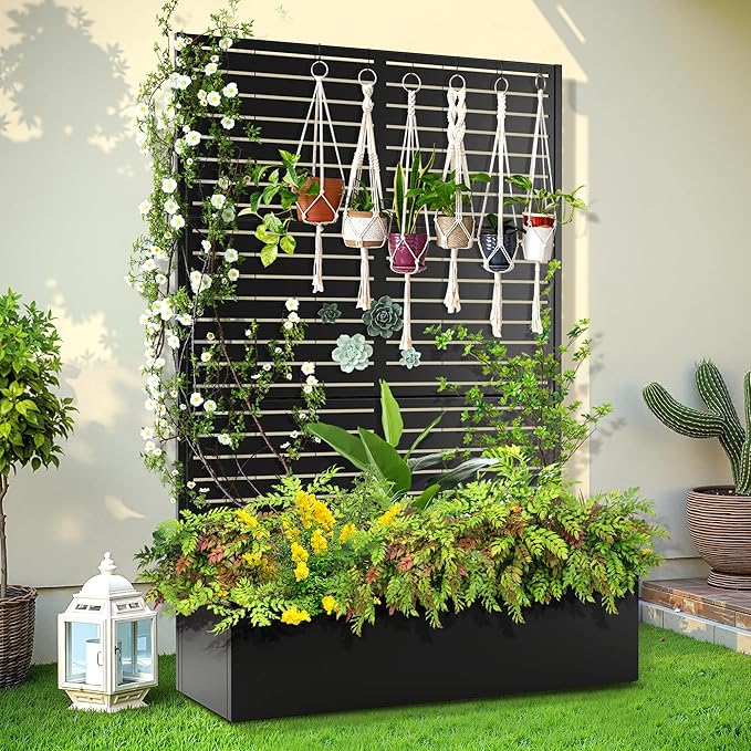 Trellis for Climbing Plants Outdoor，Mental Garden Bed with Drainage Holes Outdoor Privacy Screen Design Tall planters for herb Flower Vegetables 73"x47"x16", Black-Louvered