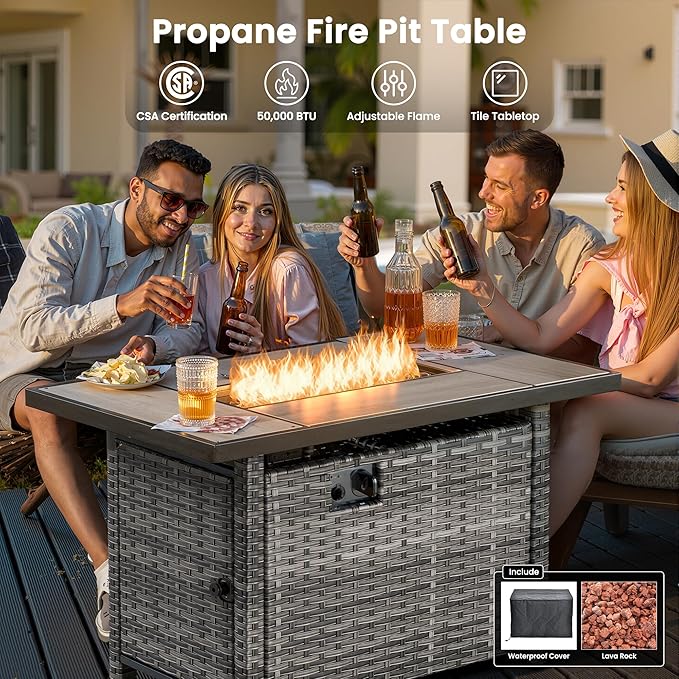 ovios 5 Pieces Patio Furniture Set with 42" Fire Pit Table, Outdoor Wicker Sofa with Loveseat, Comfy Cushions, High Back Couch Conversation Set, Grey Rattan, Denim Blue