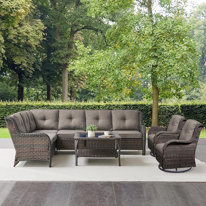 Outdoor Furniture Sectional Sofa L Shaped Couch - Patio Wicker Set with Coffee Table, 3 Piece Rattan Patio Conversation Sets with Gray Cushion for Deck Backyard Sunroom