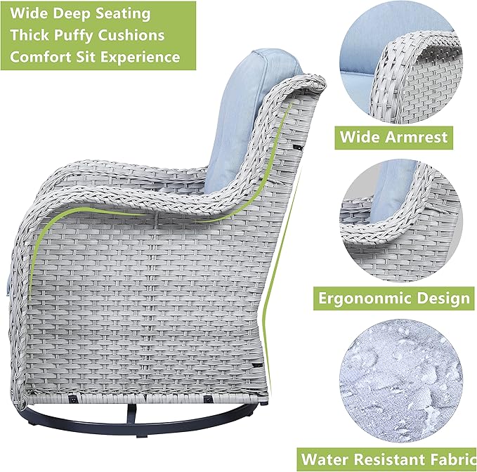 Outdoor Patio Swivel Rocker Chairs - Wicker Rattan Patio Swivel Rocking Chairs Set of 2 with High Back,Deep Seating and Comfort Cushions for Deck Porch Garden,Light Grey/SkyBlue
