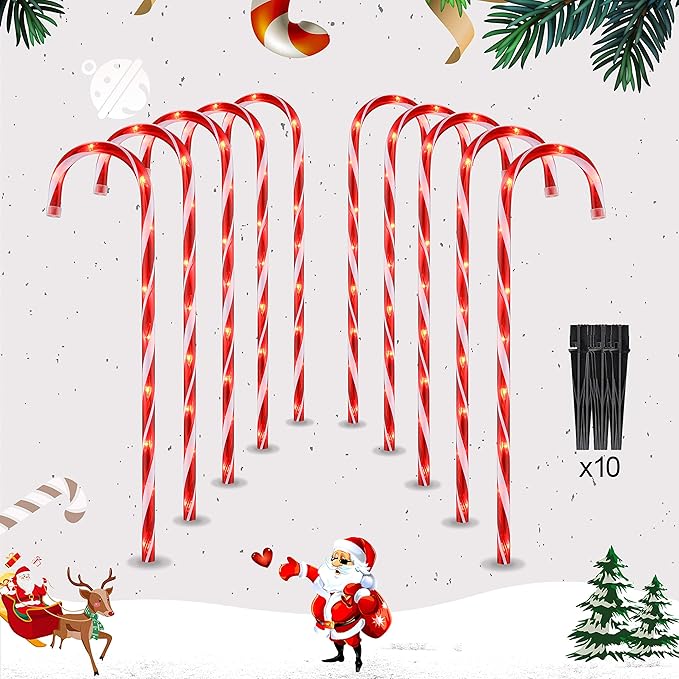 26" Christmas Candy Cane Pathway Markers Lights, Set of 10 Pack Christmas Outdoor Decorations Candy Cane Lights for Yard Patio Garden Walkway Indoor Décor Landscape Path Festival Holiday, Red