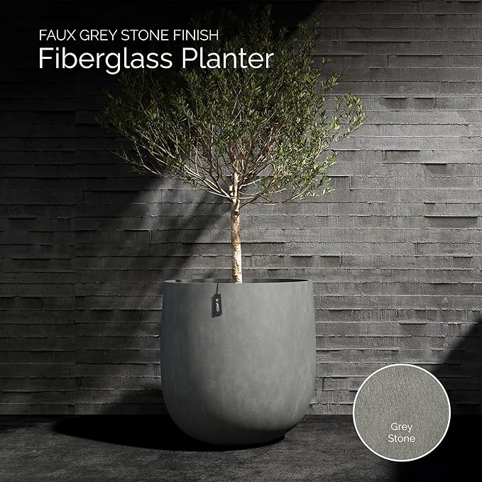 Mondo Large Planter – Grey Stone Finish – Fiberglass Indoor/Outdoor and Weather-Resistant Round Planter (19.7" D x 19.1" H Exterior, 18.5" D x 18.5" H Interior)